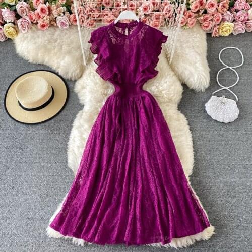 Vintage Purple/Green/Red Lace Midi Dress Women Sweet Round Neck Ruffle Vestidos Female High Waist Slim Robe Spring Autumn 2021