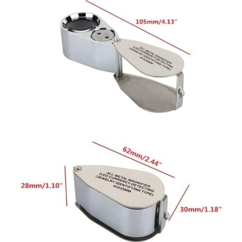 40X25mm Mini Foldable Pocket Magnifier Glass Jewelry Loupe Metal Illuminated Magnifying Glass Tool with LED Light Lamp