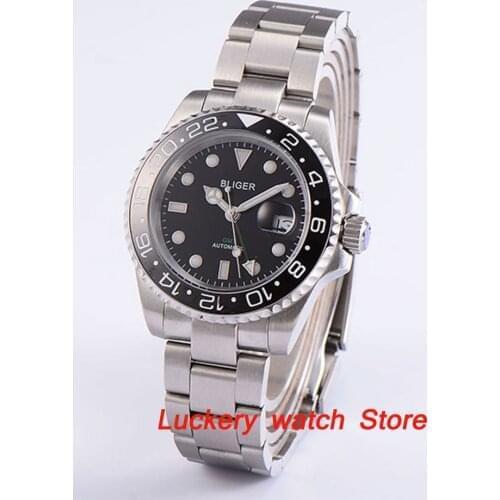 43mm bliger black dial luminous saphire glass Ceramic Bezel GMT Automatic movement mens watch-BA02-43
