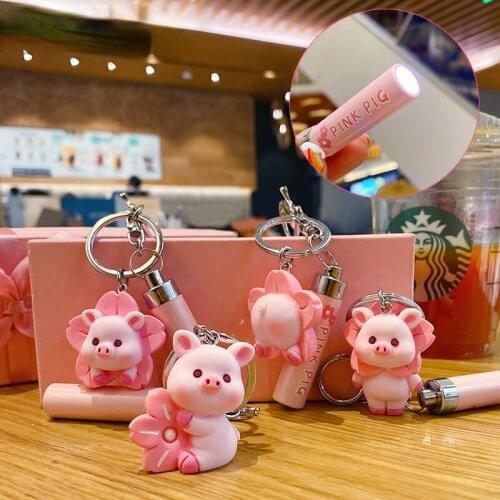 Cute Pink Blessing Pig Keychain Cartoon Flashlight Lighting Sakura Pig Car Keyring Girl Bag Pendant Keyfob Lanyard Women Gift