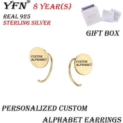YFN Brand Sterling Silver Personalized Round Initial Alphabet Earrings For Women Girl Gif Box