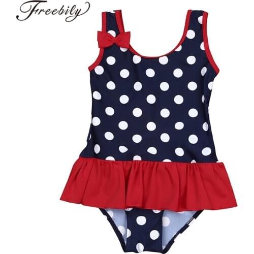 Baby Girls One Piece Children Swimming Suits Sleeveless Polka Dots Ruffles Swimsuit Infants Swimwear Bathing Suit Kid Beach Wear