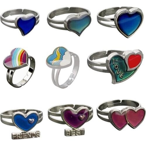 ECHSUN ring for women change color temperature ring love mood heart induction Rainbow white cloud bird double heart best friends