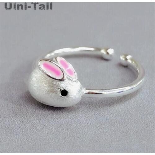 Uini-Tail hot sale new 925 sterling silver cute pink white rabbit ring simple fashion trendy flowing delicate girl jewelry ED685