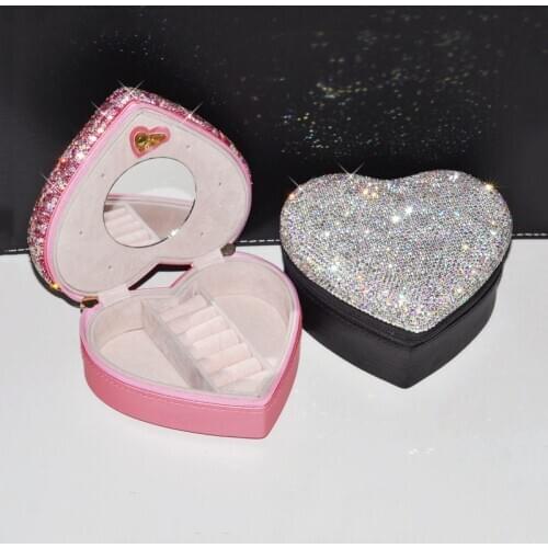 Small Heart-shaped Leather Diamond Jewelry Box With Makeup mirror Earrings Necklace Ring Lipstick Travel Portable Storage Box