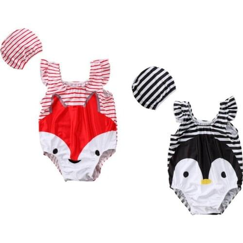 Cute Kids Baby Girl Swimwear Sets Flying Sleeve Striped Animal Bodysuits+Hat 2Pcs Children Girl Summer Clothing Beachwear 2-7Y