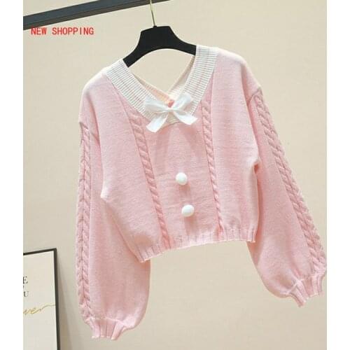 Kawaii Cute Candy Color Bow Sweaters Short Women Fall New Sweet V-neck Knit Pullovers Woman Lantern Sleeve Crop Sweater Knitwear