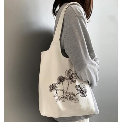 Reusable Shopping Bag Eco Women Handbag Foldable Beach Bag Tote Daily Use Shoulder Bag Aesthetic Flower Print Casual Canvas Lady