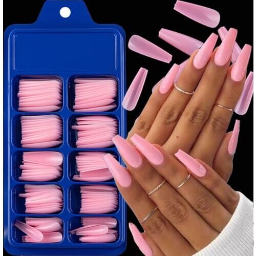 100 pieces of blister box with solid color pointed false nail stickers long ballerina candy color red blue pink false nails