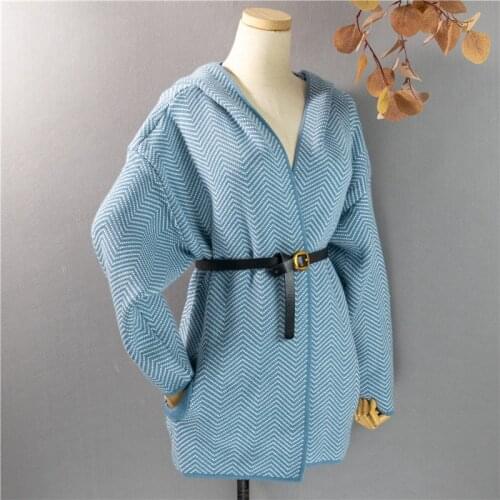 New 2021 Womens Knitwear Autumn Winter Striped V-Neck Cardigans Oversize Hooded Pocket Knitted Korean Lady Sweaters SWC1081