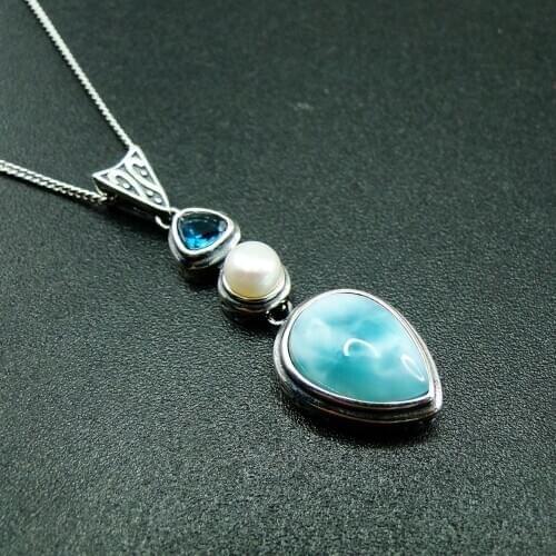 Charm Women Pendant 925 Silver Natural Dominica Larimar Drop Pendant Necklace For Engagement Aniversary Birthday Party Gift