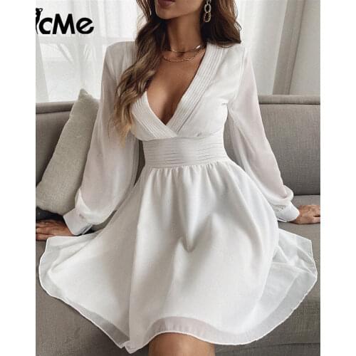 Chicme Autumn Sheer Mesh Slim Waist Lantern Sleeve Ruched Daily Dress Deep V Neck Casual A Line Elegant White Vestidos