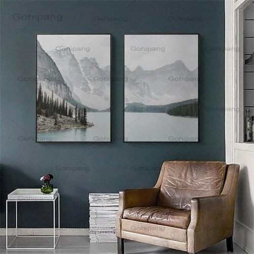Mountain Lake Landscape Picture Home Wall Decor Nordic Canvas Painting Wall Art Scenery Print and Poster for Living Room Decor