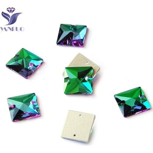 YANRUO 3240 Square Emerald Glass Rhinestones Sew On Cabachons Sewing Applique Sewn Rhinestones Buttons For Dress