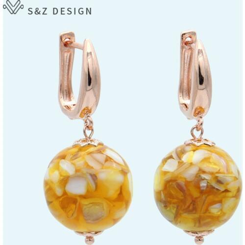 S&Z 585 Rose Gold Fashion Shell Round beads Dangle Earrings For Women Girl Wedding Jewelry Ethnic Colorful Temperament Eardrop
