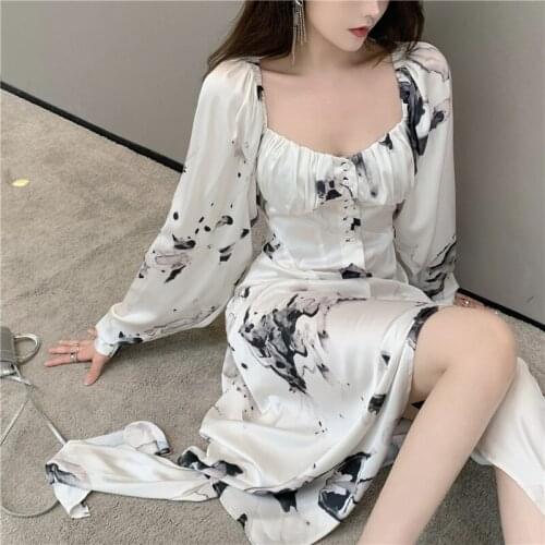 Autumn women long sleeve irregular design Pure desire water ink print seaside fairy dress women