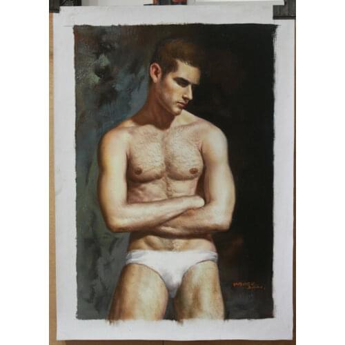 100%hand-painted Artwork nude male original oil painting on canvas portrait men signed 24"x36" 016
