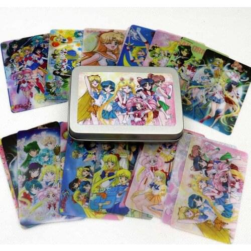 30PCS Sailor Tsukino Game Cards Iron Box Character Table Playing Toys For Family Children Gift