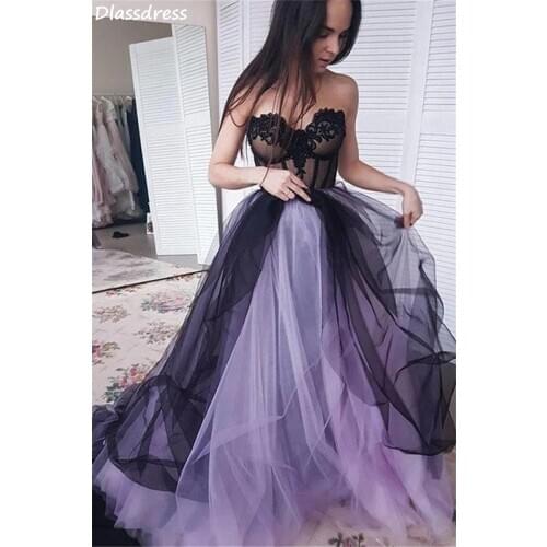 Black Tulle Prom Dresses Strapless Sweetheart Neck Laces Illusion A-line Sweep Train Simple Evening Dresses коктейльные платья