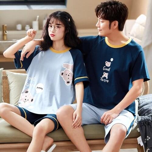 Elegant Light Blue Patchwork Women Pajamas Set Cotton Short Sleeve Summer Couple Homewear Kawaii Cartoon Girl Bears Sleepwear