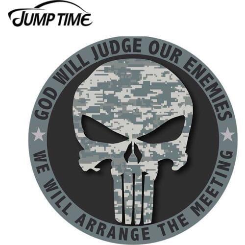 JumpTime 13cm x13cm For God Will Judge Our Enemies Vinyl Sticker Car Truck Window Decal Military Camo Car Styling Skull Graphics