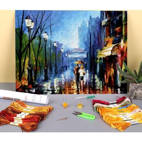 Oil Painting Style Paris Printed Fabric 11CT Cross Stitch Full Kit Embroidery DMC Threads Handicraft Painting Sewing Decor
