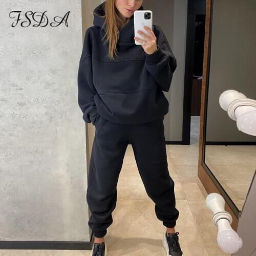FSDA 2021 Two Pieces Set Black Long Sleeve Hoodie Sweatshirts Top And Pants Women Set Autumn Winter Streetwear tracksuit Casual