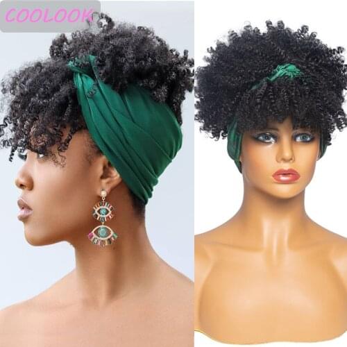 Short Afro Kinky Curly Headband Wigs Synthetic Green Turban Wrap Wigs for Black Women Ombre Brown Blonde Afro Curly Wig Cosplay