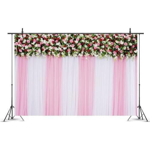 Colorful Flowers with Pink and White Backdrop Photography Background Photo Booth Studio Decor