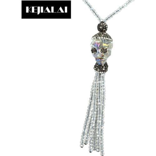 Fashion Ethnic Tassel Necklace for Women Natural Stone Skull Pendant Glass Bead Tassel Charm Long Necklace Bohemia Style Jewelry