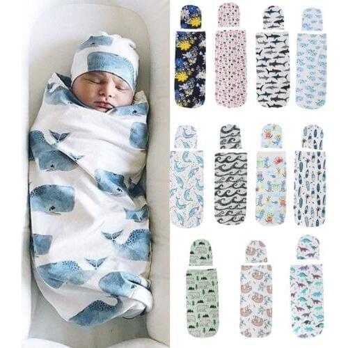 Hot Sale Cotton Newborn Baby Swaddle Muslin Wrap Swaddling Sleeping Bag +Hat Set Fashion Baby Sleeping Bags