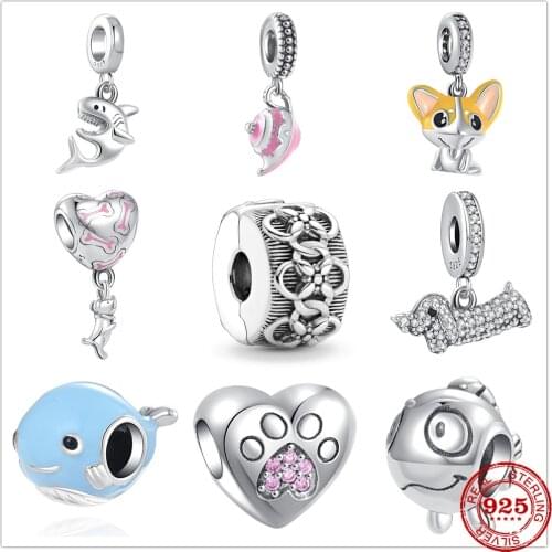 Genuine 925 Sterling Silver Openwork Dolphin Fish Shark Teapot Dog Paw Beads Fit Original Pandora Bracelet Charm Jewelry Gift