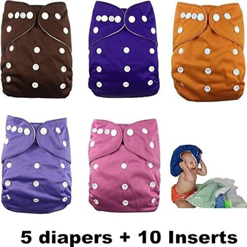 Naughty Baby Washable and Reusable Cloth Diapers (5 Diaper Covers + 10 Inserts) - Adjustable Snap One Size Cloth Pocket Diapers