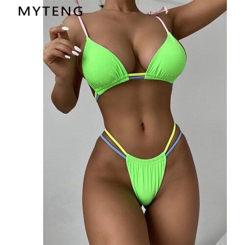 Sexy Brazilian Mini Thong Bikini Mujer New Neon Two Piece Set Swimwear Women Summer Triangle Push Up Beachwear Lady Swimsuit