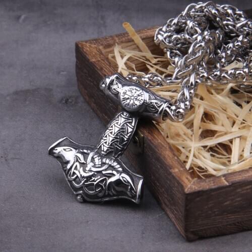 Nordic viking stainless steel thor hammer Mjolnir odin goat valknut vegvisir pendant necklace with valknut gift wooden box