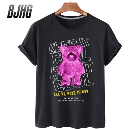 100% Cotton Luminous Pink Bear Print Top Short-sleeved T-shirt Female Half-sleeved Summer Casual Oversized T-shirt Male Shirt