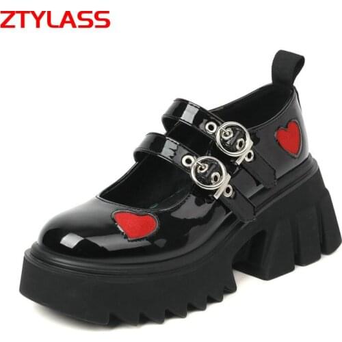 Black Big Size Women Pumps Fashion Buckle Heart Print Mary Jane Shoes Thick High Heel Platform Shoes Patent Leather Dress Pumps