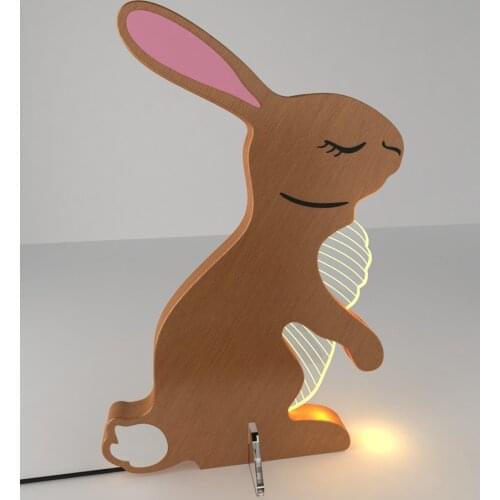 Unique Handmade Wood and Plexiglass Rabbit Figure Lampshade Interior Decorative Lighting Children Teenage Bedroom Night Light
