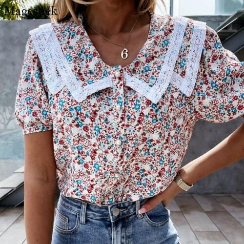 Vintage Turn-down Collar Floral Blouse Women 2021 Summer Short Sleeve Printed Lace Shirt Women Chic Fashion Tops Blusas 14883