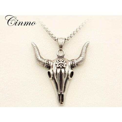 Cinmo Vintage Sheep Skull Pendant Necklace Halloween Horror Hip Hop Stainless Steel Necklaces For Men Women Trendy Jewelry Gift
