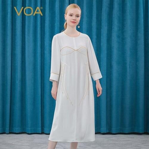 VOA 30m/m Milky White Silk Casual Womens Dresses O-Neck Bump Edge Arch Needle Lady Loose Waist Nine-sleeve Woman Dress AE389