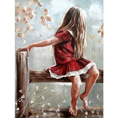 Fence Red Skirt Little Girl Diamond Painting Round Full Drill Nouveaute DIY Mosaic Embroidery 5D Cross Stitch Portrait Picture