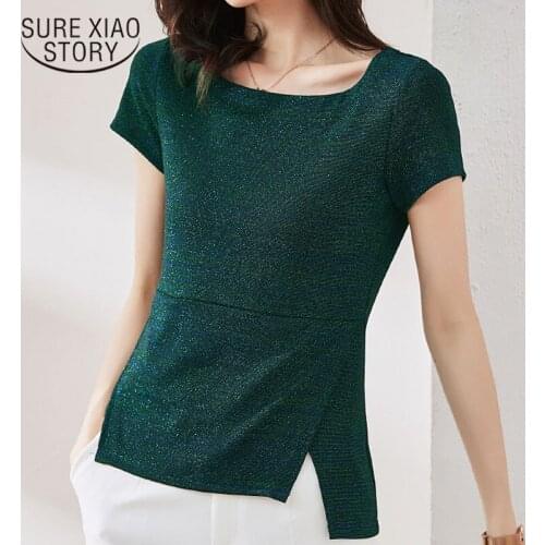 2020 Summer New Solid Color Round Collar Irregular Knitted Blouse Women Korean Style Women Green Blouse Chemisier Femme 9448 50
