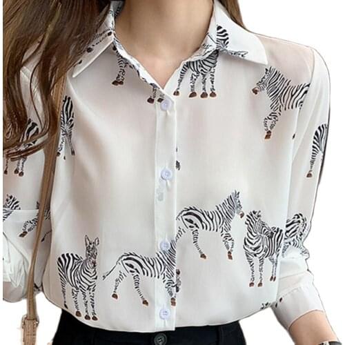 Shirt Women 2021 Korean Style Vintage Turn Down Collar Long Sleeve All Match Animal Print Blouse Autumn Fashion Shirts