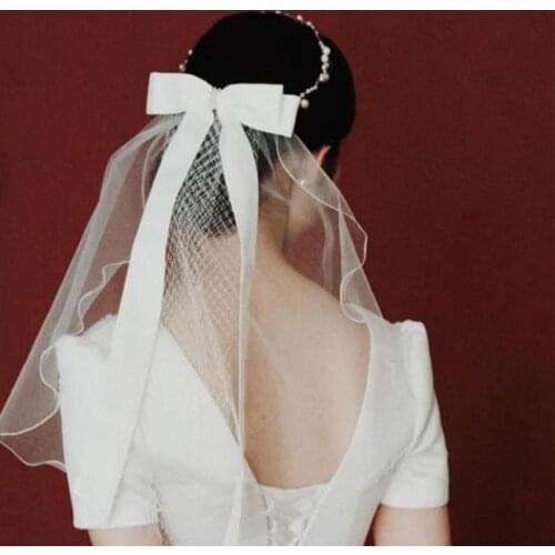 Bowknot Veil Barrettes Photograph Props Bridal Wedding Headwear White Bow Long Ribbons Handmade Hair Clip Hairpin Jewelry Veil