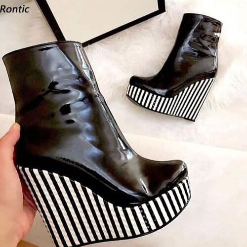 Rontic New Women Winter Platform Ankle Boots Unisex Patent Striped Wedges Heels Round Toe White Black Cosplay Shoes US Size 5-20