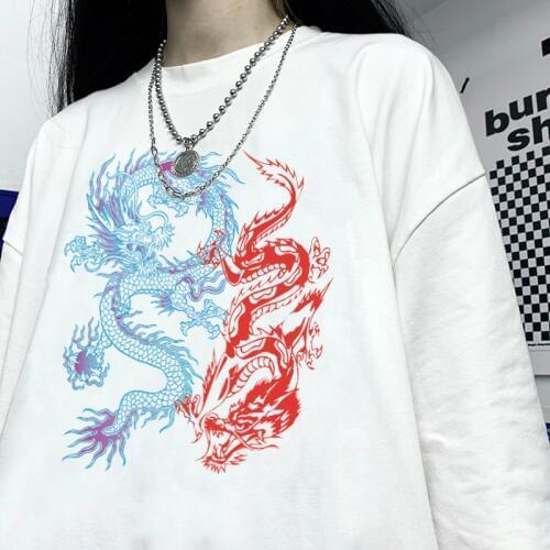 Womens T-shirt latest dragon pattern O-neck T-shirt printing casual short-sleeved street T-shirt Harajuku top