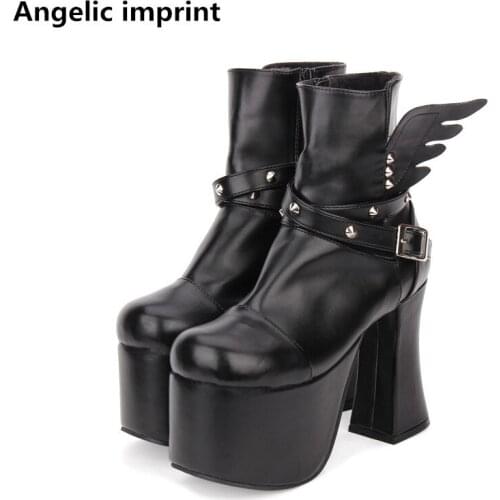 Angelic imprint mori girl Women motorcycle punk shoes lady super high heels lolita boots woman princess pumps wings 33-47 12.5cm