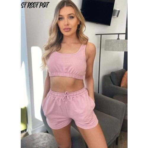 Casual Drawstring Biker Shorts Sets Women Sportswear Halter Crop Top + Shorts Summer Athleisure Outfits Solid Two Piece Set
