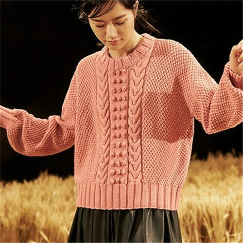 100% hand made pure wool double Oneck twisted knit women streetwear loose solid short pullover sweater one&over size